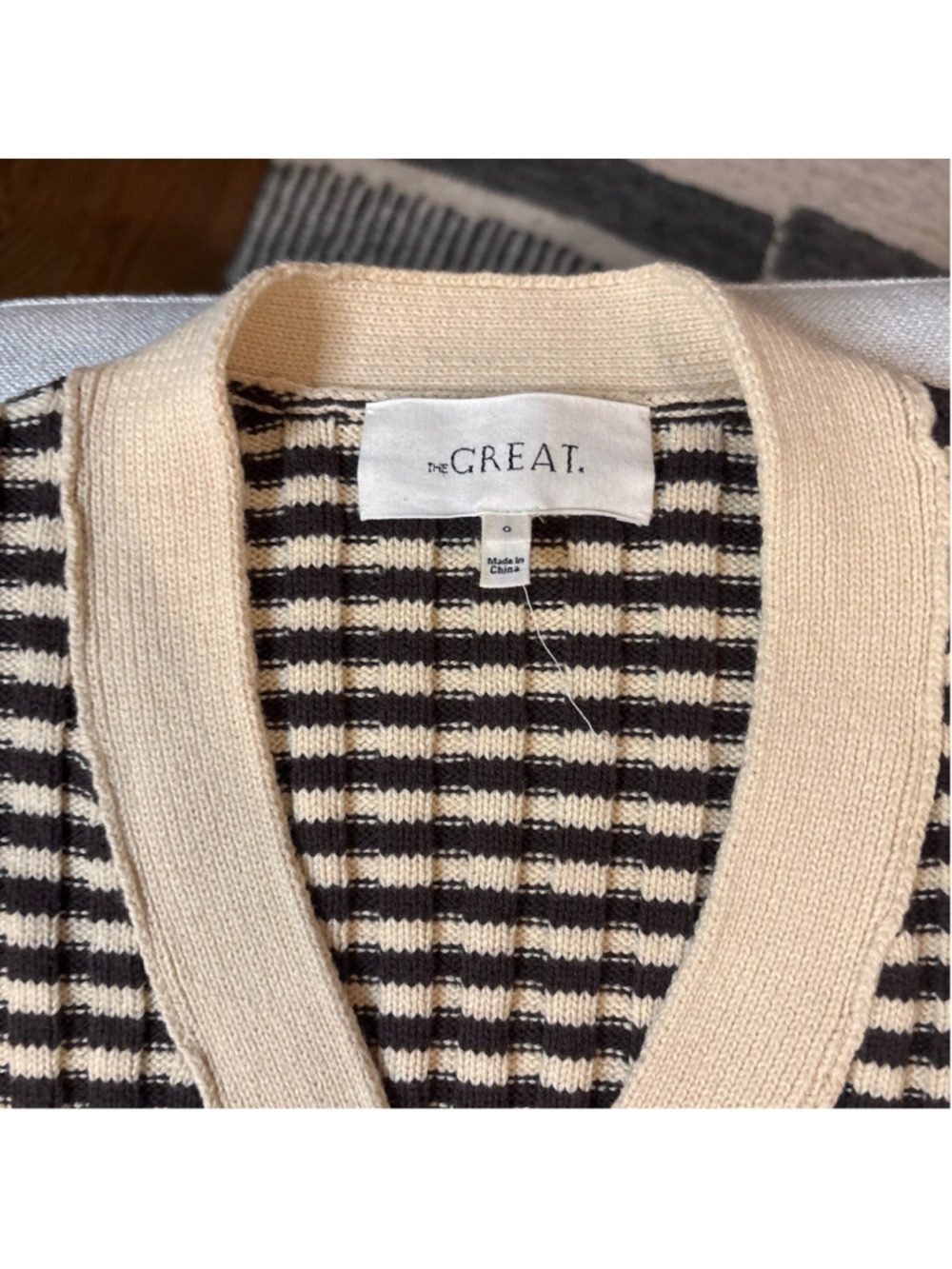 THE GREAT. Mini Striped Cardigan Woodsmoke Cream Size 0  “Very Good Pre-Owned Co - Picture 5 of 8